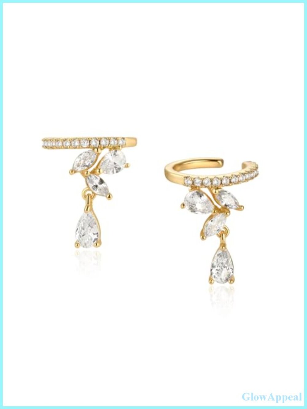 14K Gold Plated Cubic Zirconia Flower Dangle Ear Cuff, Non Piercing Clip On